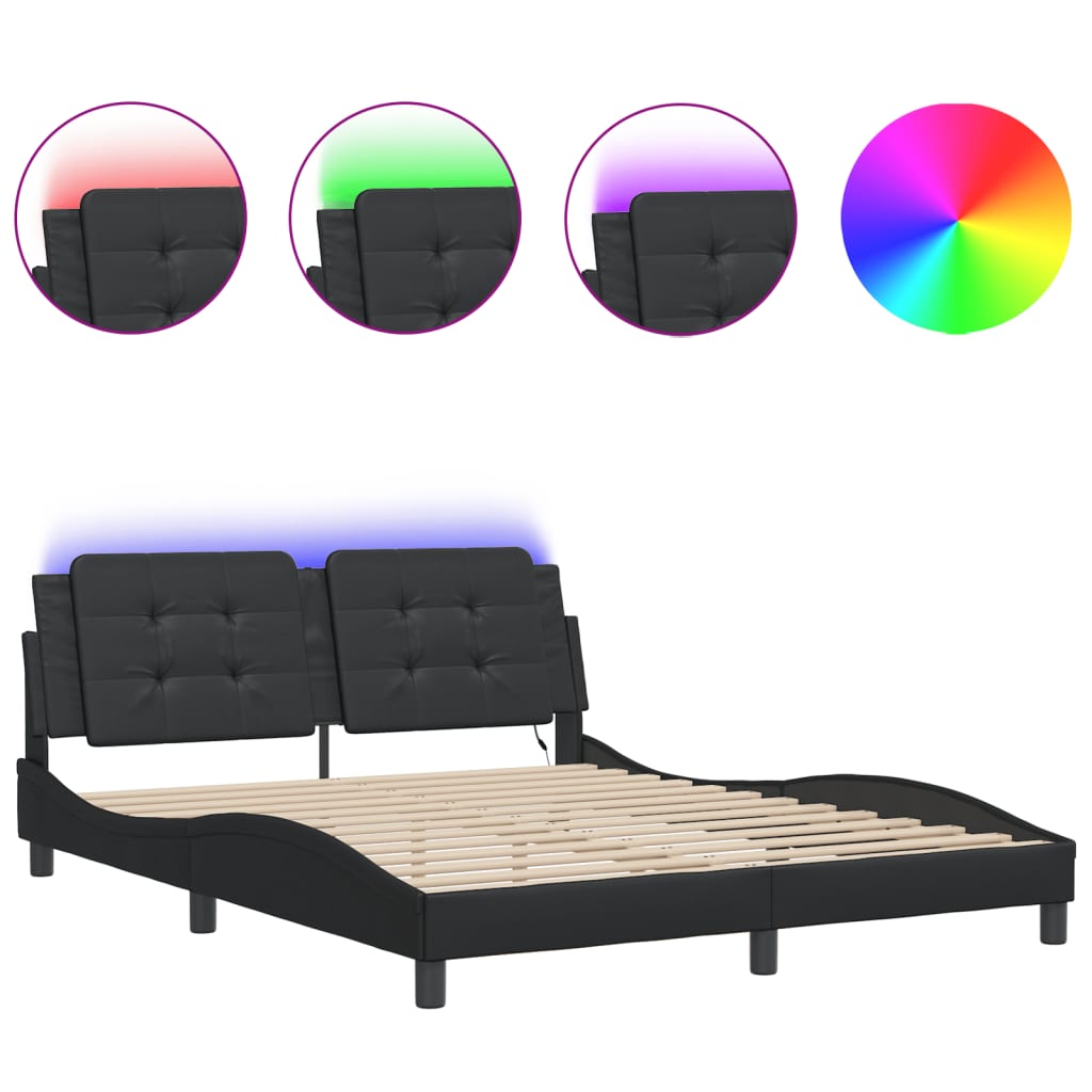 vidaXL Estructura de cama con luces LED cuero PE negro 160x200 cm