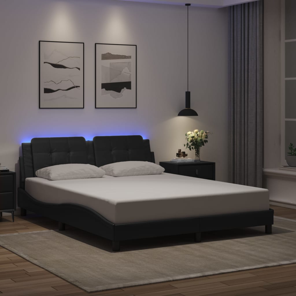 vidaXL Estructura de cama con luces LED cuero PE negro 160x200 cm