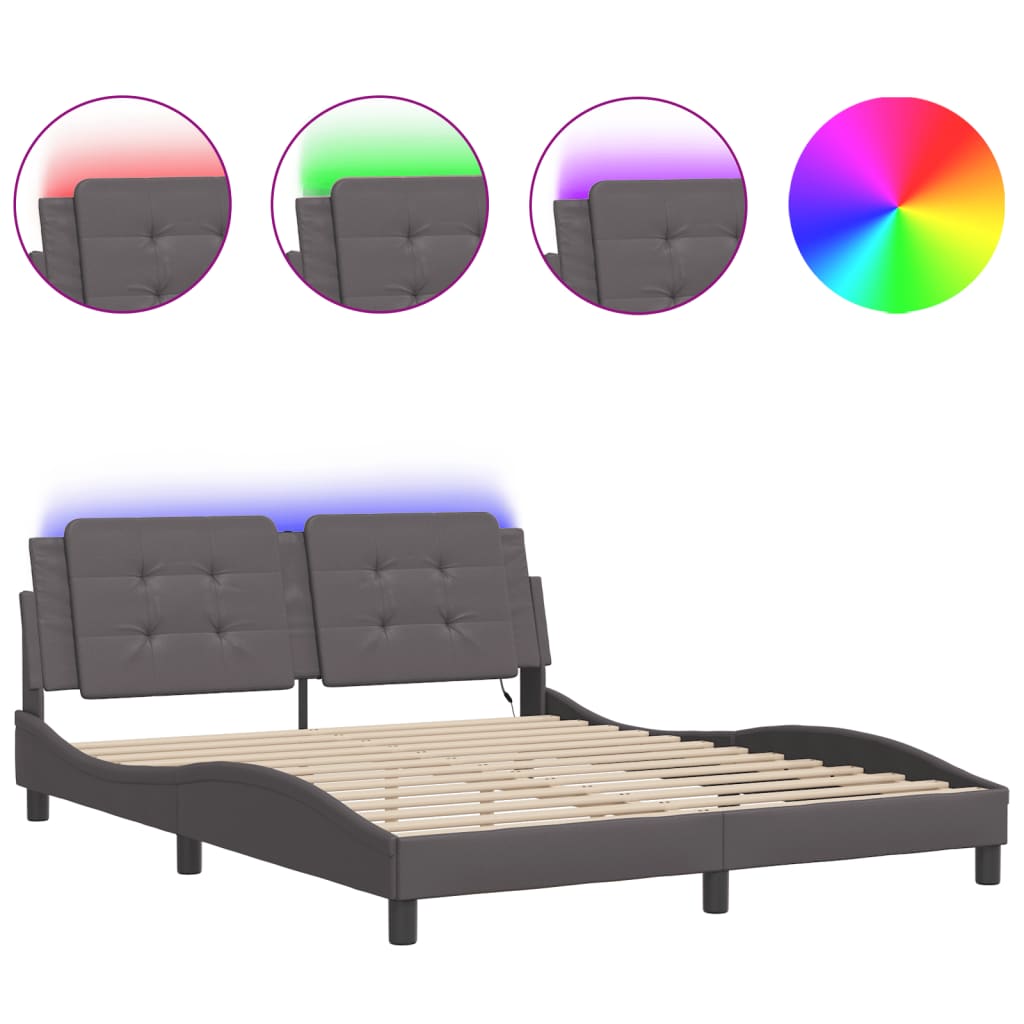 vidaXL Estructura de cama con luces LED cuero PE gris 160x200 cm