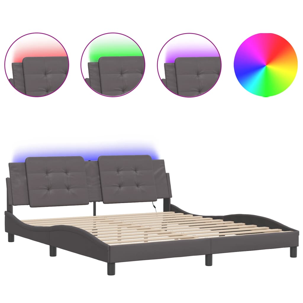 vidaXL Estructura de cama con luz LED cuero sintético gris 180x200 cm