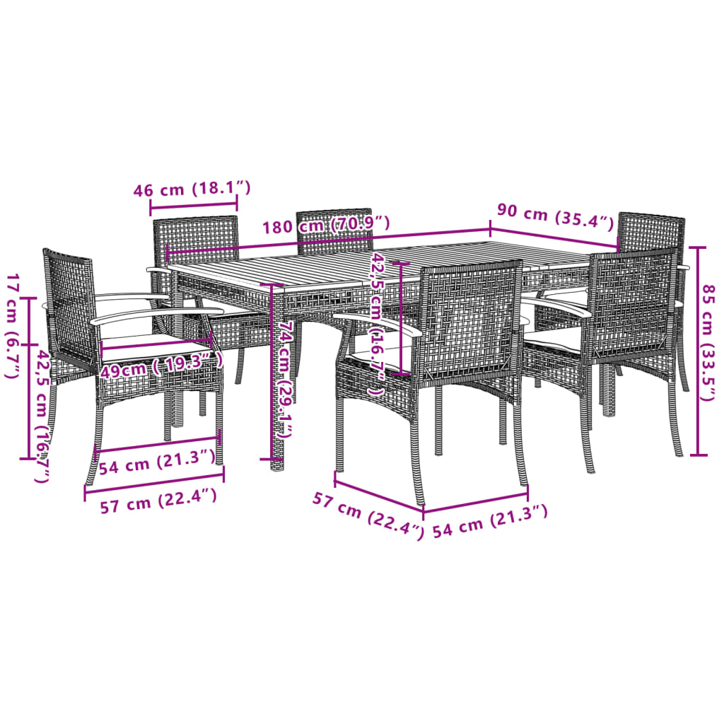 vidaXL Set de comedor de jardín 7 pzas y cojines ratán sintético negro