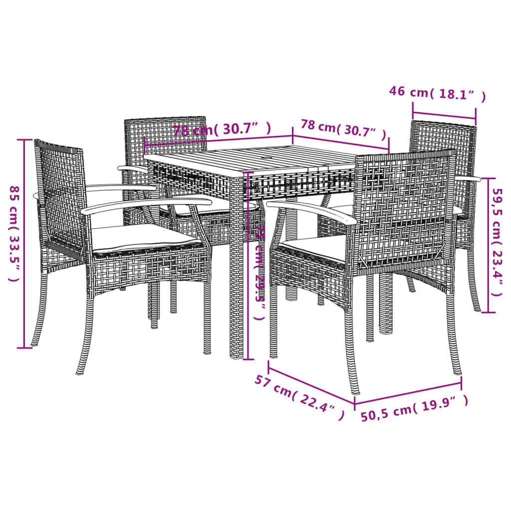 vidaXL Set comedor de jardín 5 piezas con cojines ratán sintético gris