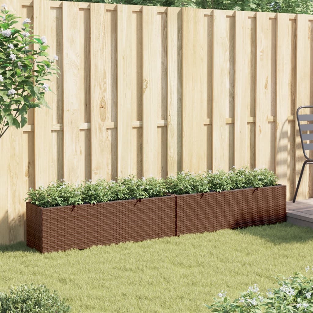 vidaXL Jardineras con 3 maceteros 2 uds ratán PE marrón 105x30x32 cm