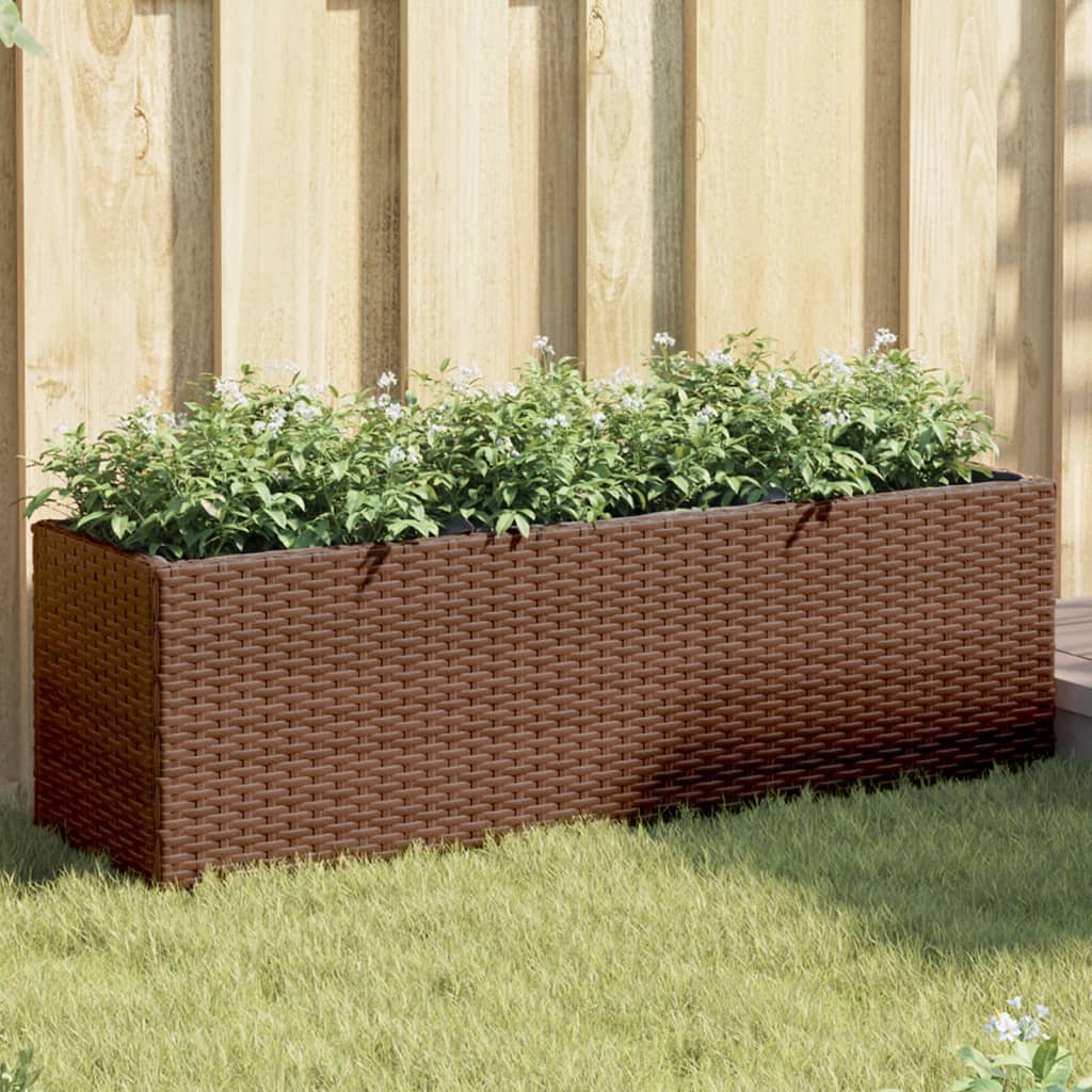 vidaXL Jardineras con 3 maceteros 2 uds ratán PE marrón 105x30x32 cm