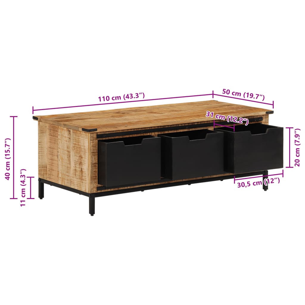 vidaXL Mesa de centro con cajones madera maciza de mango 110x50x40 cm