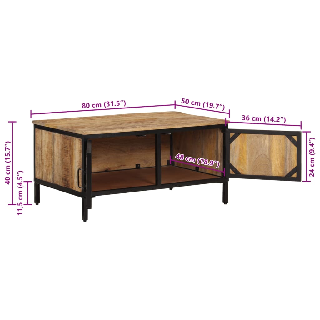 vidaXL Mesa de centro de madera maciza de mango rugosa 80x50x40 cm