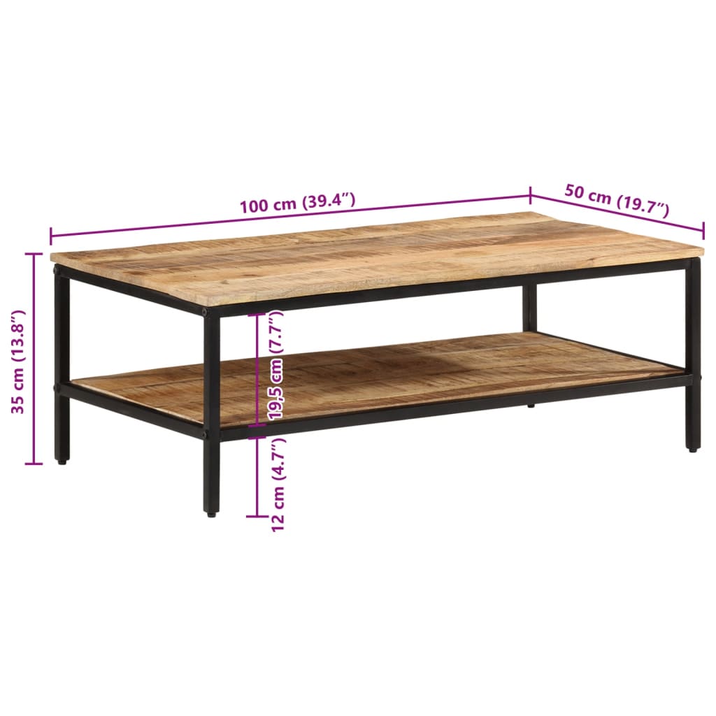 vidaXL Mesa de centro de madera maciza de mango rugosa 100x50x35 cm