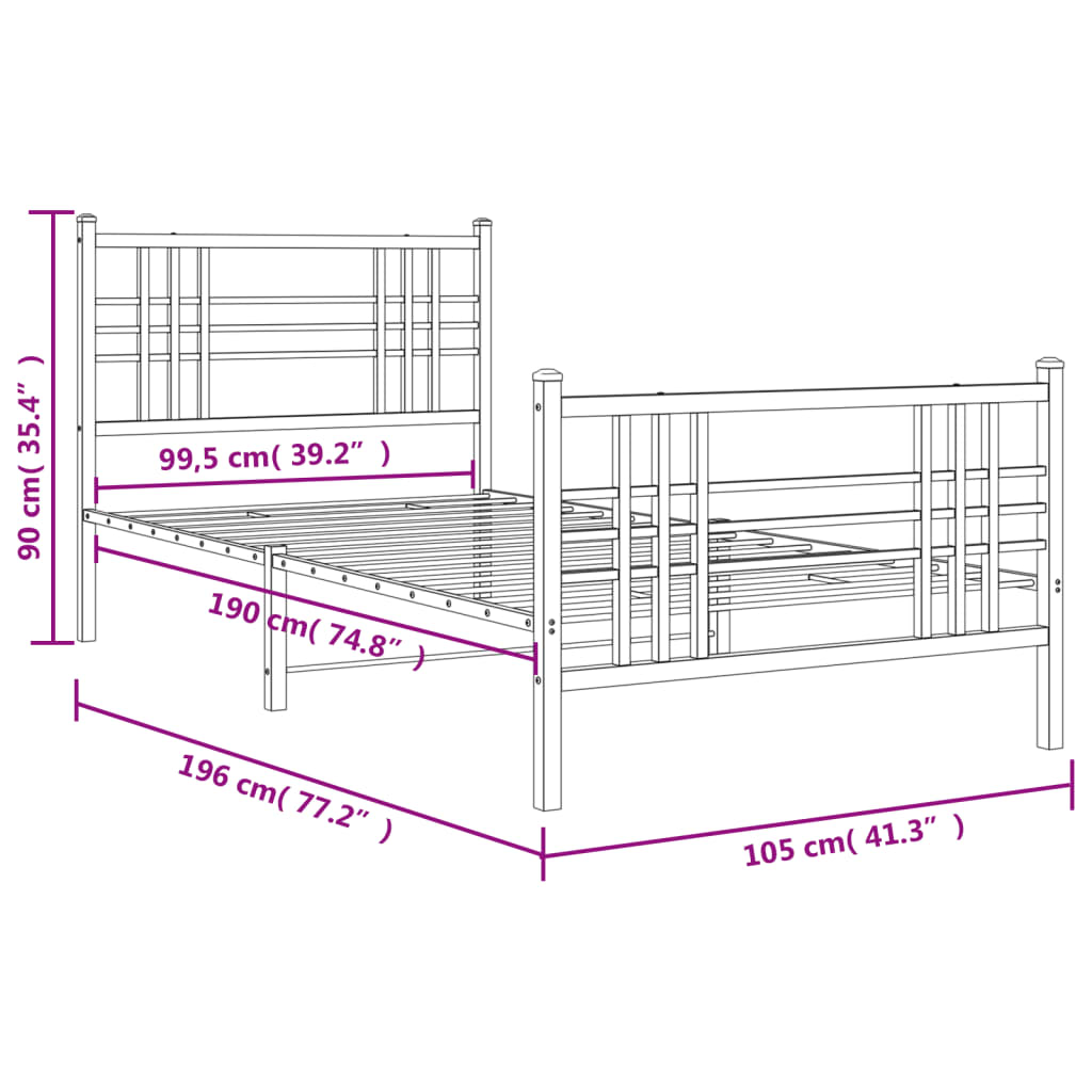 vidaXL Estructura de cama con cabecero y estribo metal negro 100x190cm