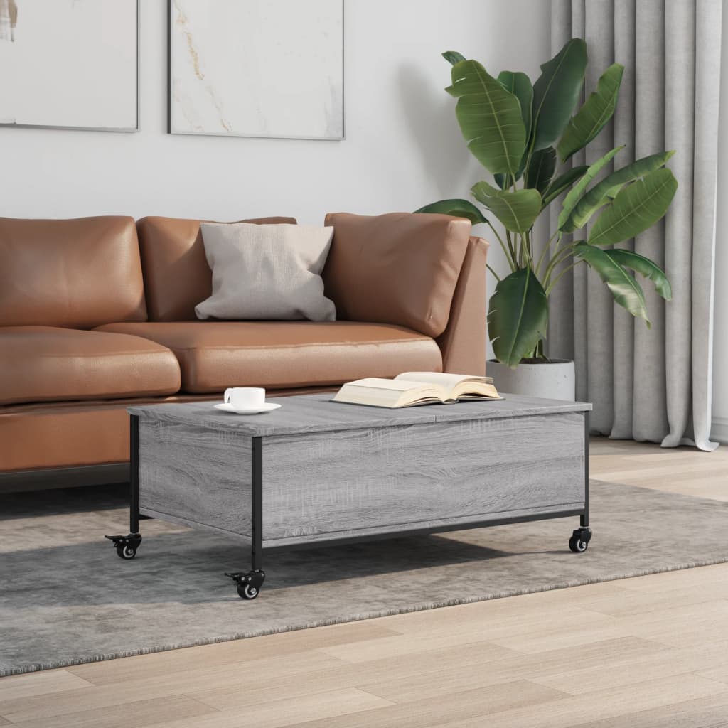 vidaXL Mesa de centro con ruedas madera ingeniería gris 91x55x34 cm