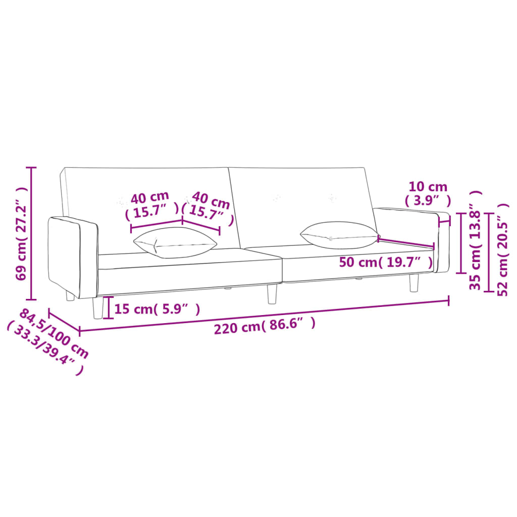 vidaXL Sofá cama de 2 plazas con dos almohadas tela negro