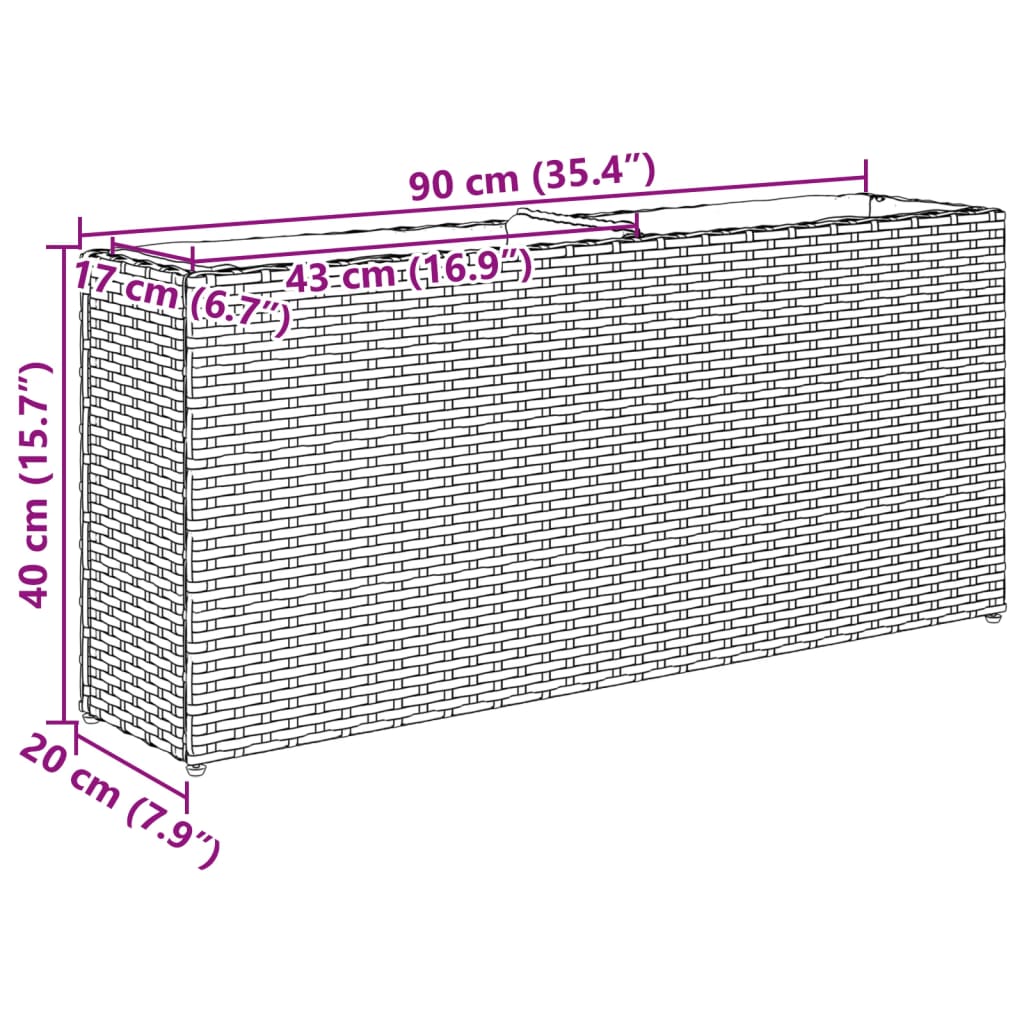 vidaXL Jardinera con 2 maceteros de ratán sintético gris 90x20x40 cm