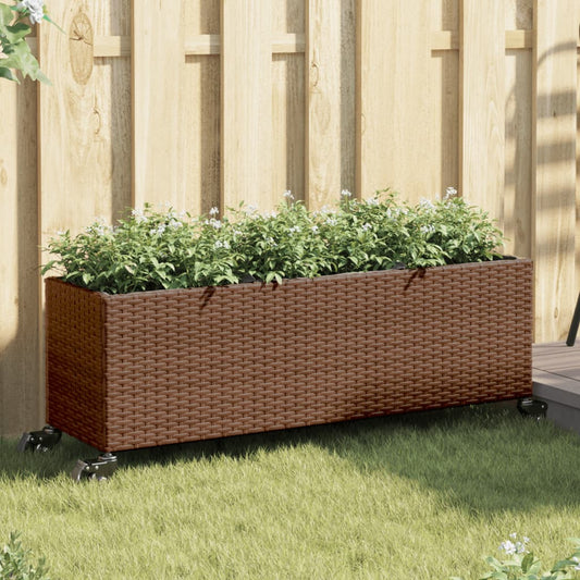 vidaXL Jardinera con ruedas y 3 maceteros ratán PE marrón 107x32x38 cm