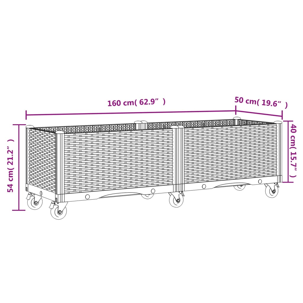 vidaXL Jardinera con ruedas PP negro 160x50x54 cm