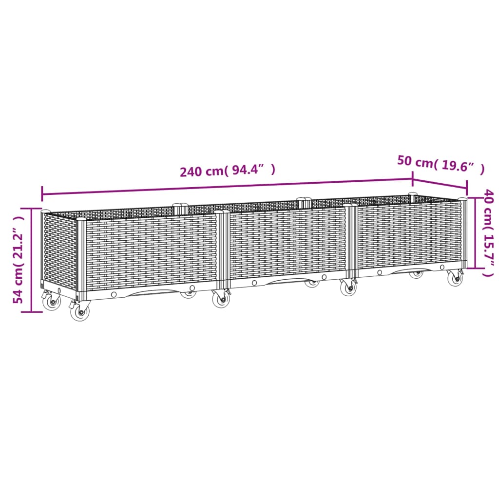 vidaXL Jardinera con ruedas PP marrón 240x50x54 cm