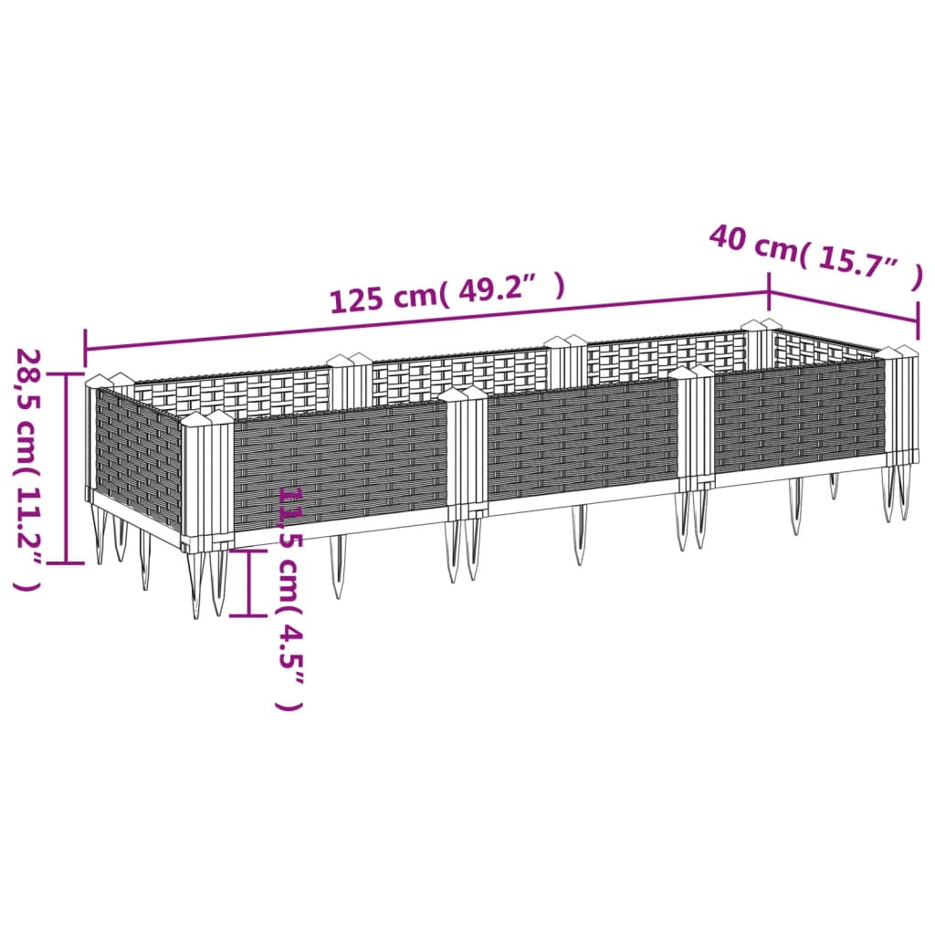 vidaXL Jardinera con clavijas PP marrón 125x40x28,5 cm