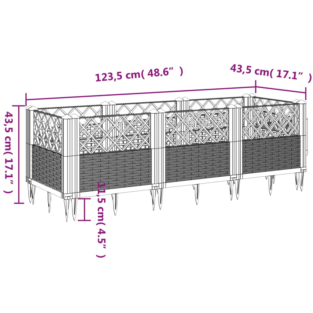 vidaXL Jardinera con clavijas PP negro 123,5x43,5x43,5 cm