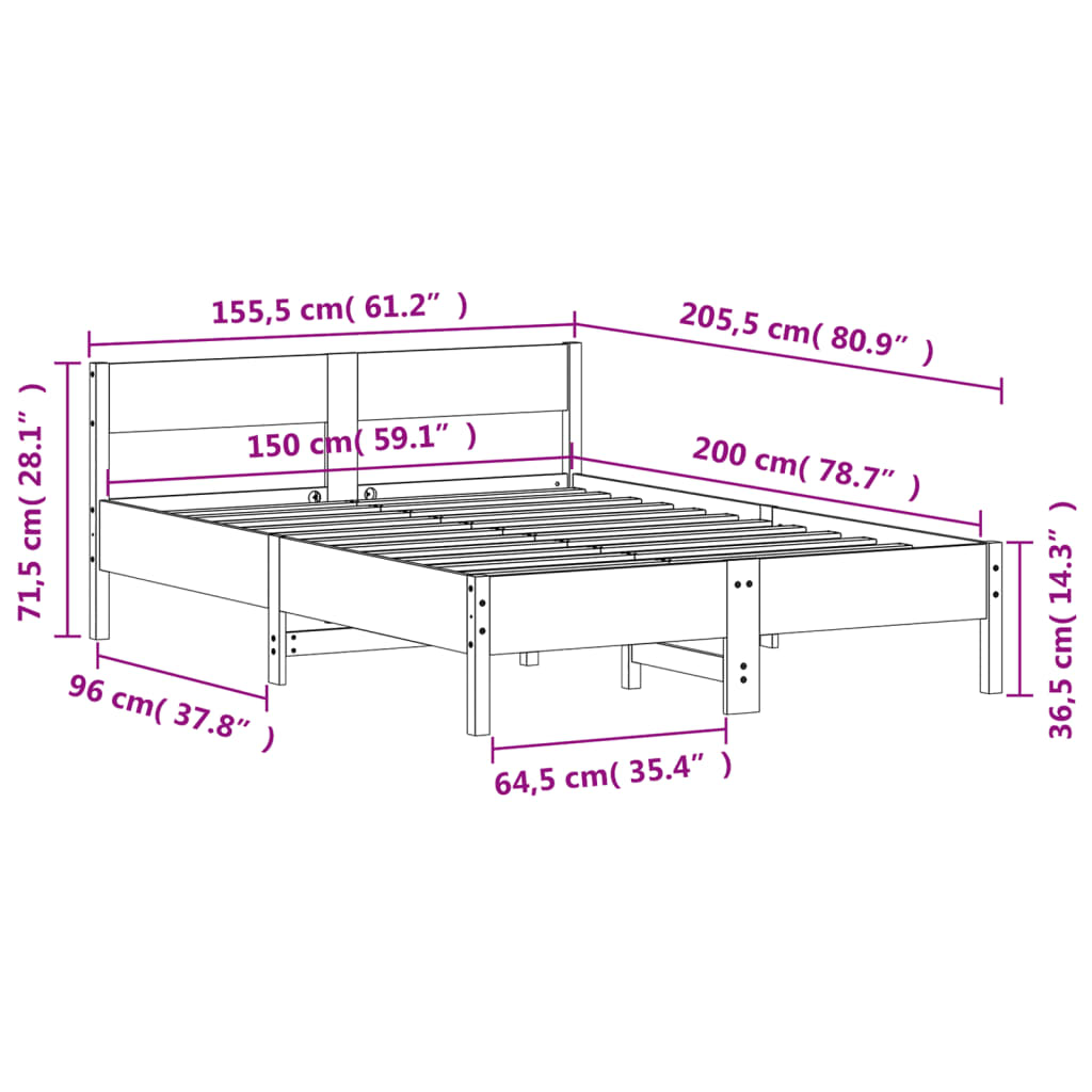 vidaXL Cama sin colchón madera maciza pino marrón cera 150x200 cm