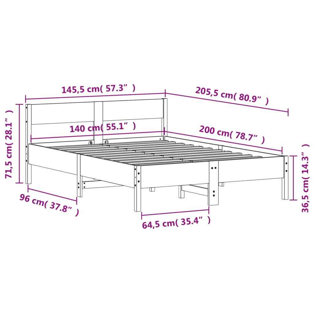 vidaXL Cama sin colchón madera maciza de pino marrón cera 140x200 cm