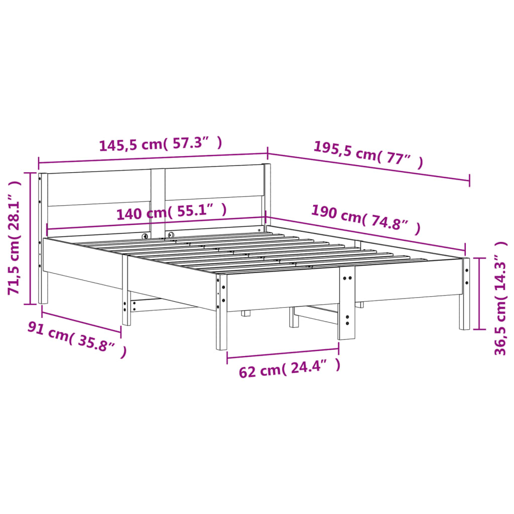 vidaXL Cama sin colchón madera maciza de pino marrón cera 140x190 cm