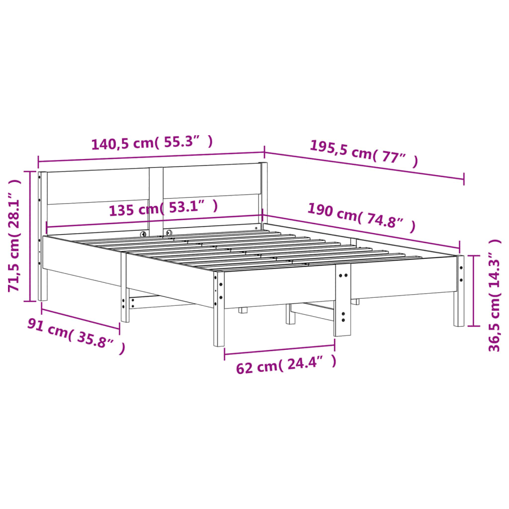 vidaXL Estructura de cama sin colchón madera maciza marrón 135x190 cm