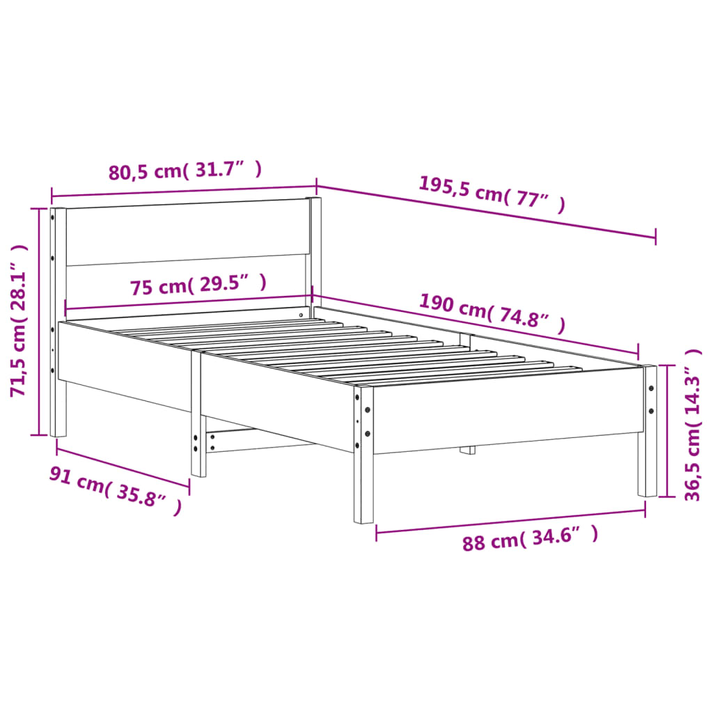 vidaXL Estructura de cama sin colchón madera maciza marrón 75x190 cm