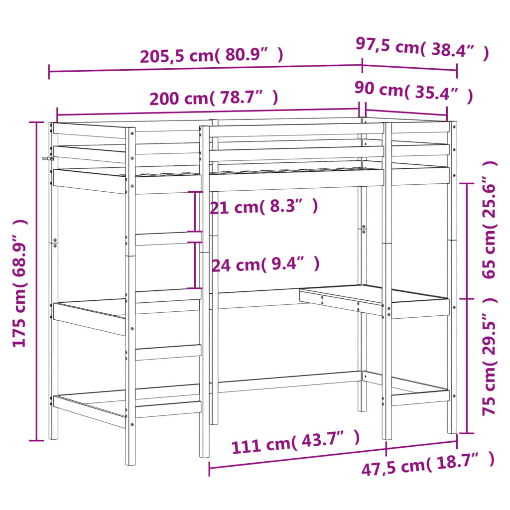 vidaXL Cama alta con escritorio madera maciza de pino 90x200 cm