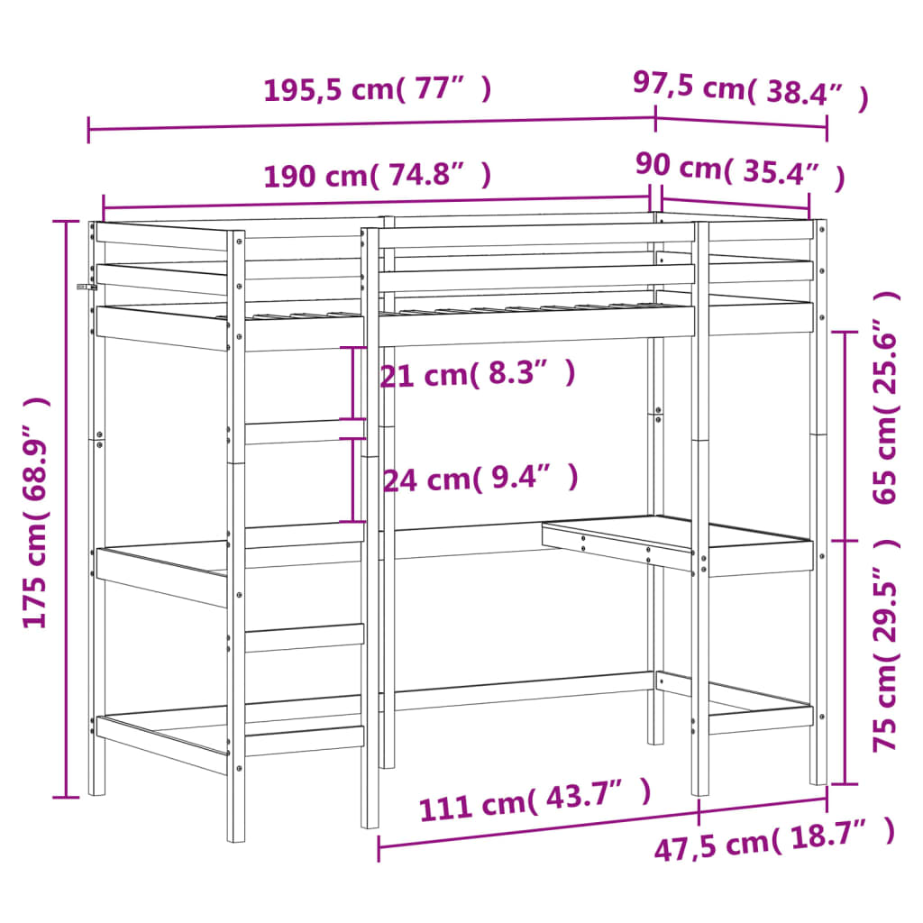 vidaXL Cama alta con escritorio madera maciza de pino 90x190 cm