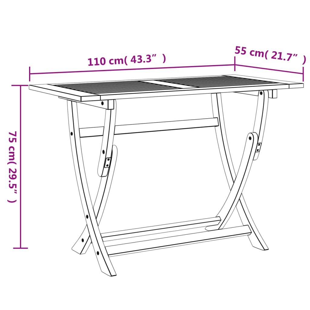 vidaXL Mesa de jardín plegable madera maciza de acacia 110x55x75 cm