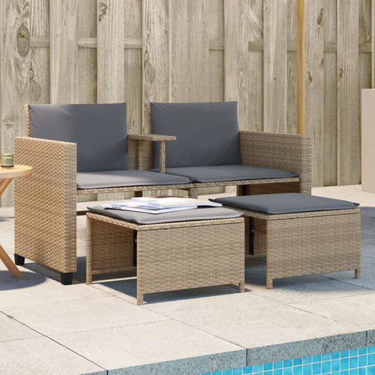 vidaXL Sofá de jardín 2 plazas con mesa y taburetes ratán PE beige