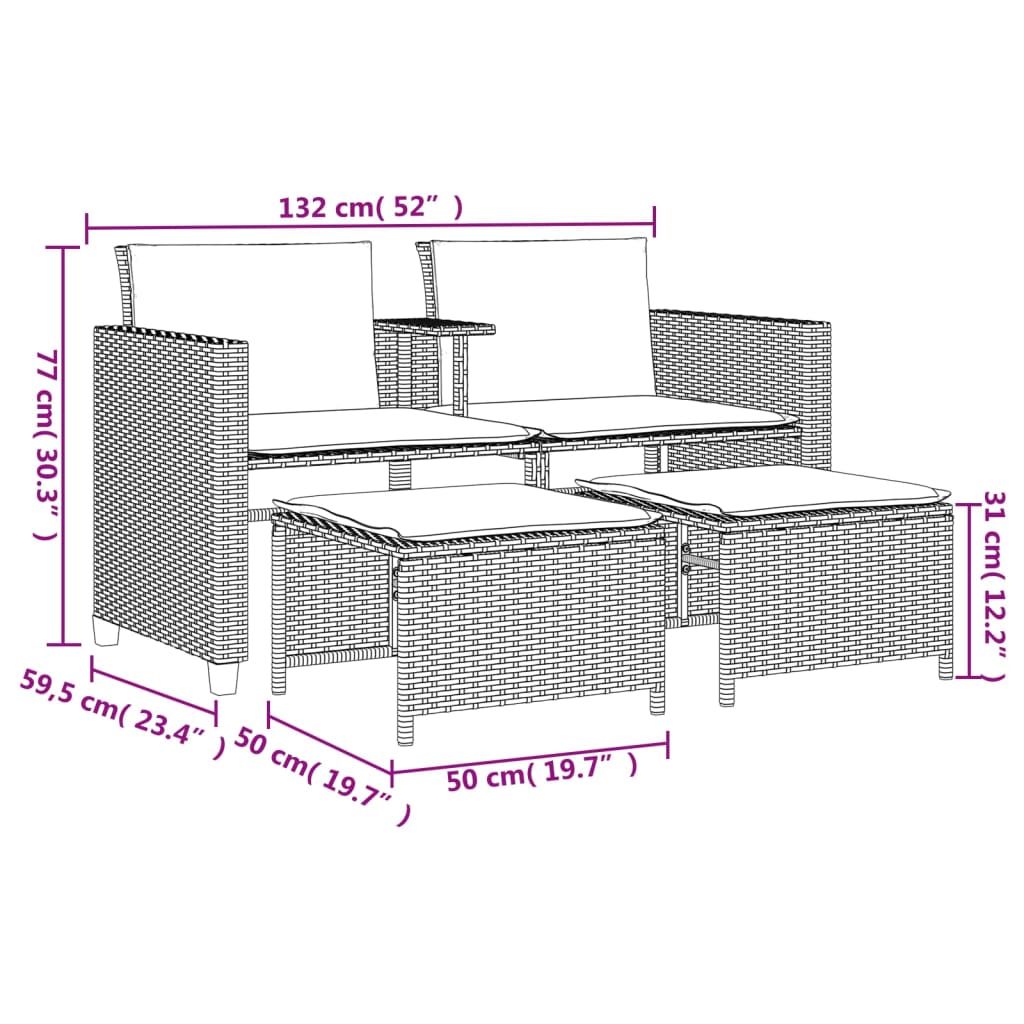 vidaXL Sofá de jardín 2 plazas con mesa y taburetes ratán PE beige