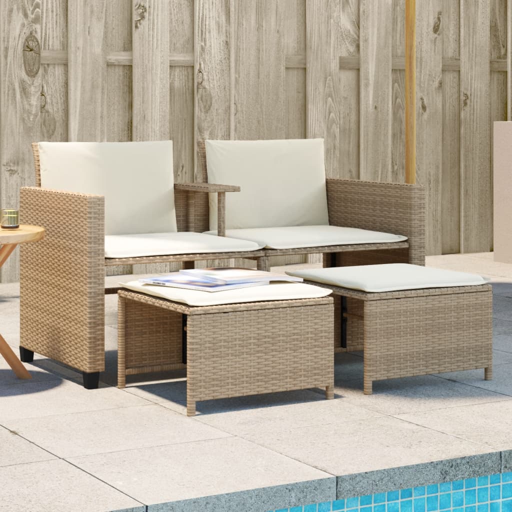 vidaXL Sofá de jardín 2 plazas con mesa y taburetes ratán PE beige