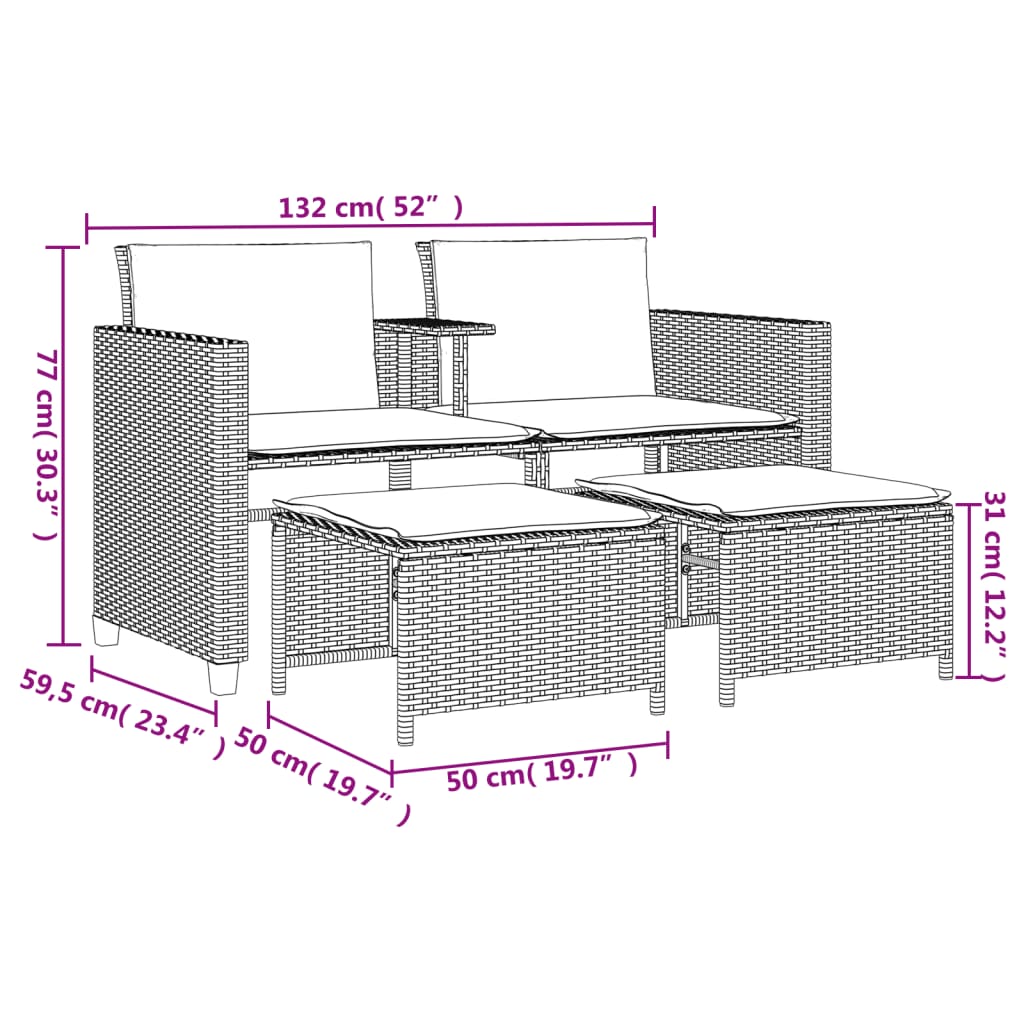 vidaXL Sofá jardín 2 plazas con mesa y taburetes ratán PE gris claro