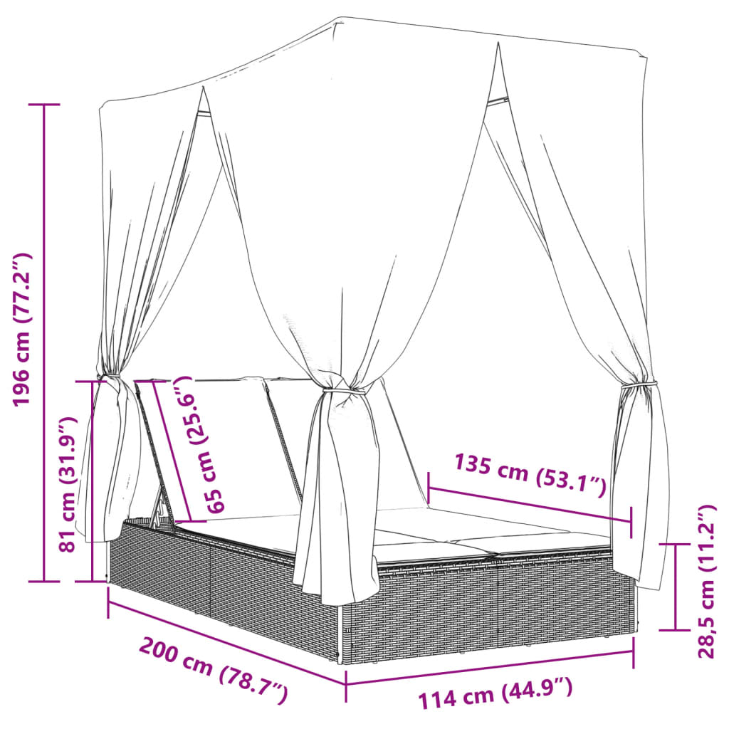 vidaXL Tumbona doble con techo y cortinas ratán sintético gris