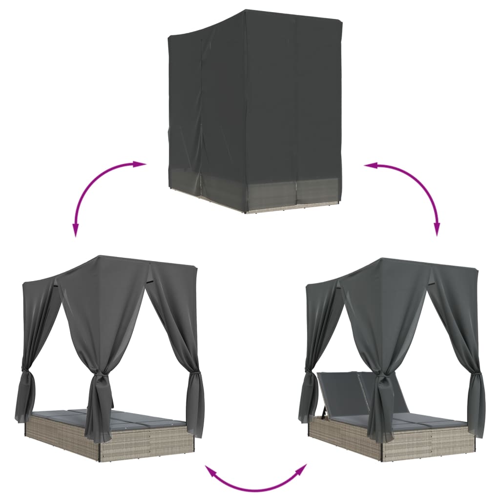 vidaXL Tumbona doble con techo y cortinas ratán sintético gris claro