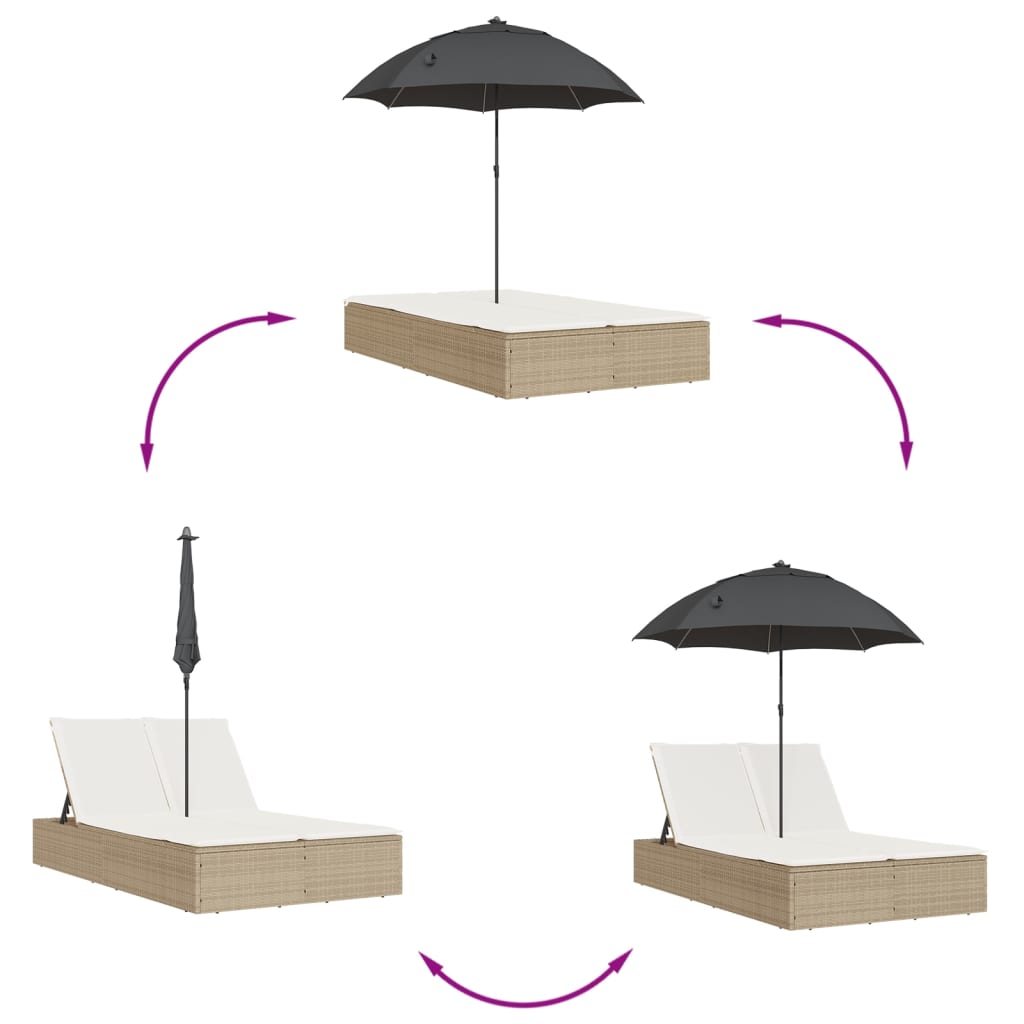 vidaXL Tumbona doble con cojines y sombrilla ratán sintético beige
