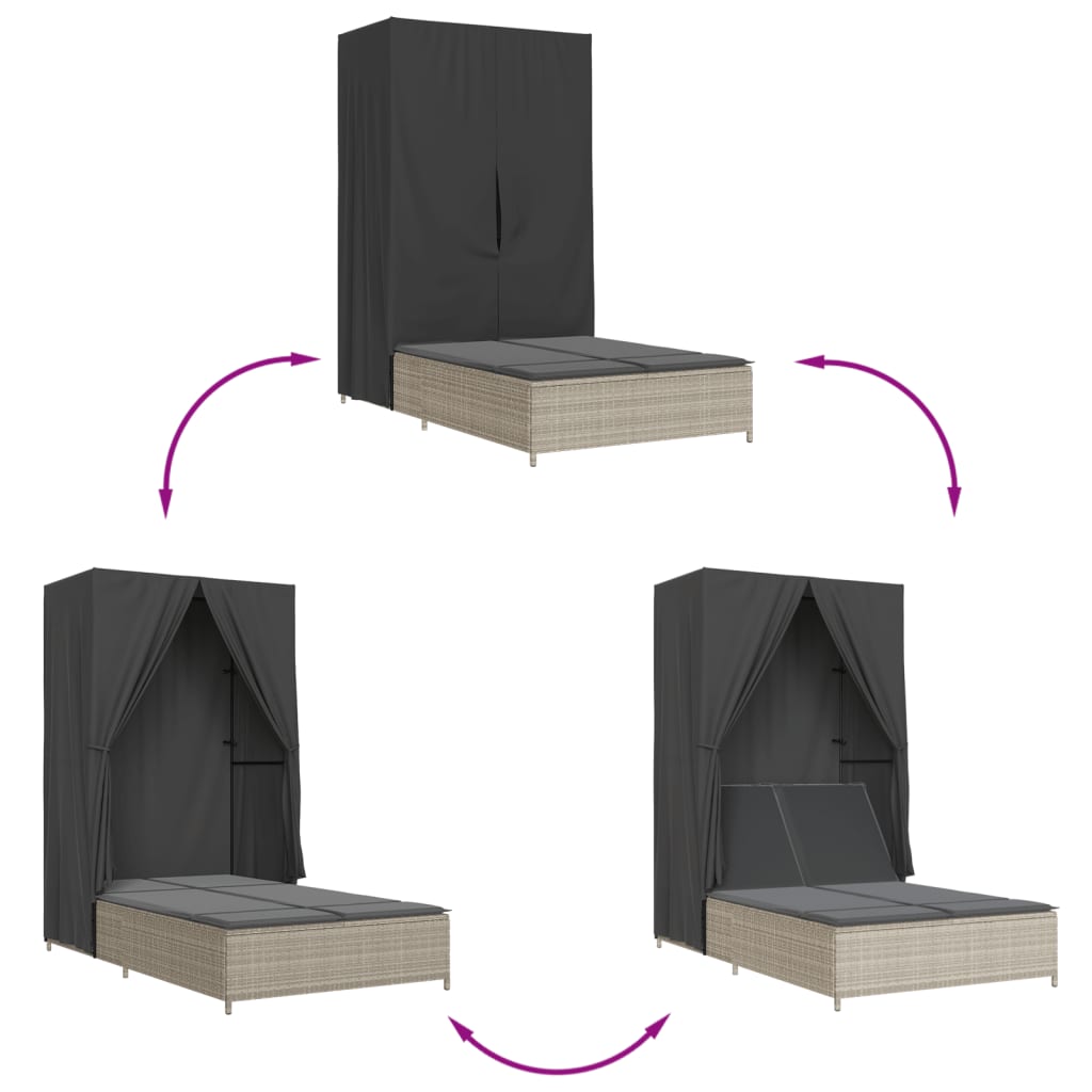 vidaXL Tumbona doble con techo y cortinas ratán sintético gris claro