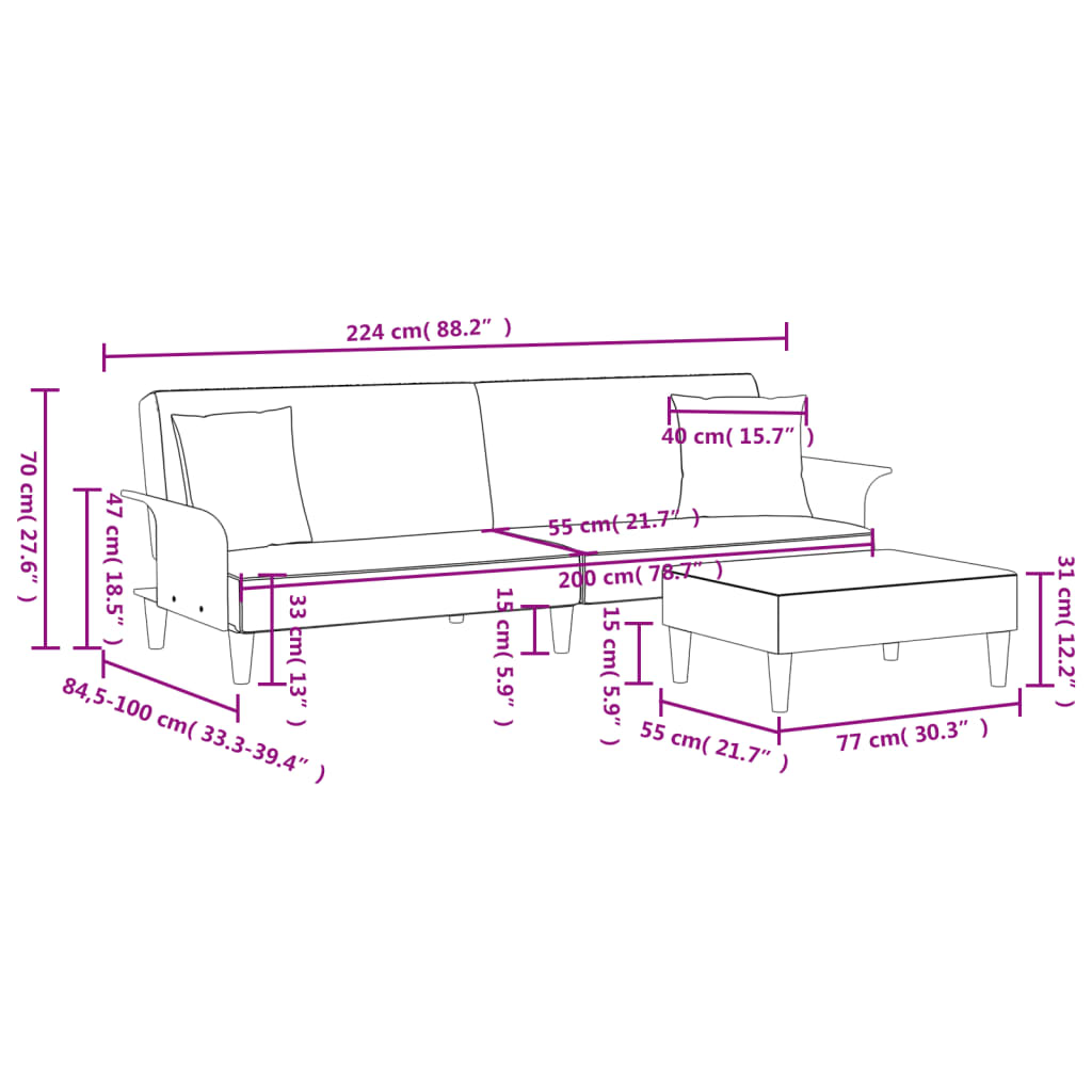 vidaXL Sofá cama de 2 plazas con almohadas y taburete terciopelo negro