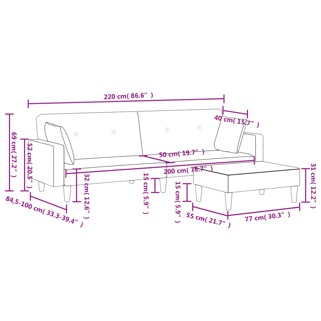 vidaXL Sofá cama de 2 plazas con taburete tela gris claro