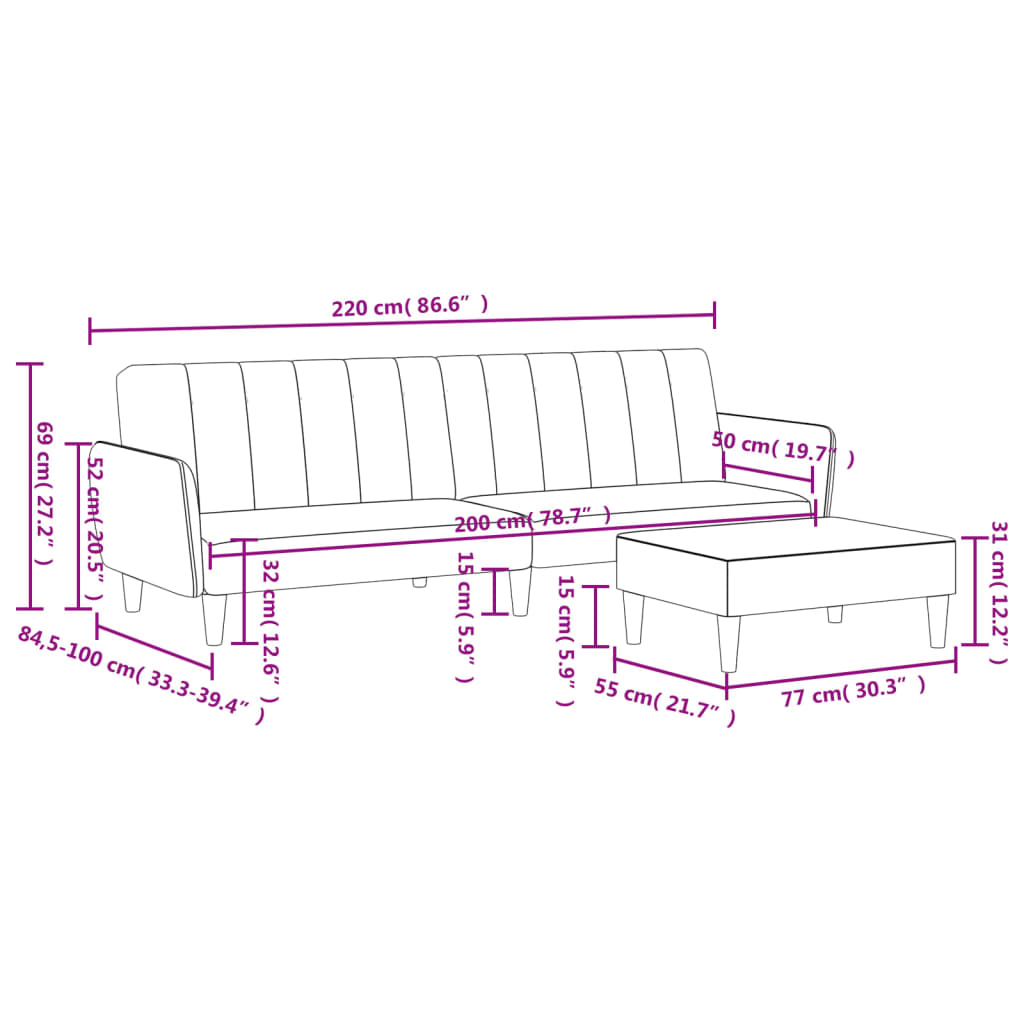 vidaXL Sofá cama de 2 plazas con taburete tela gris claro