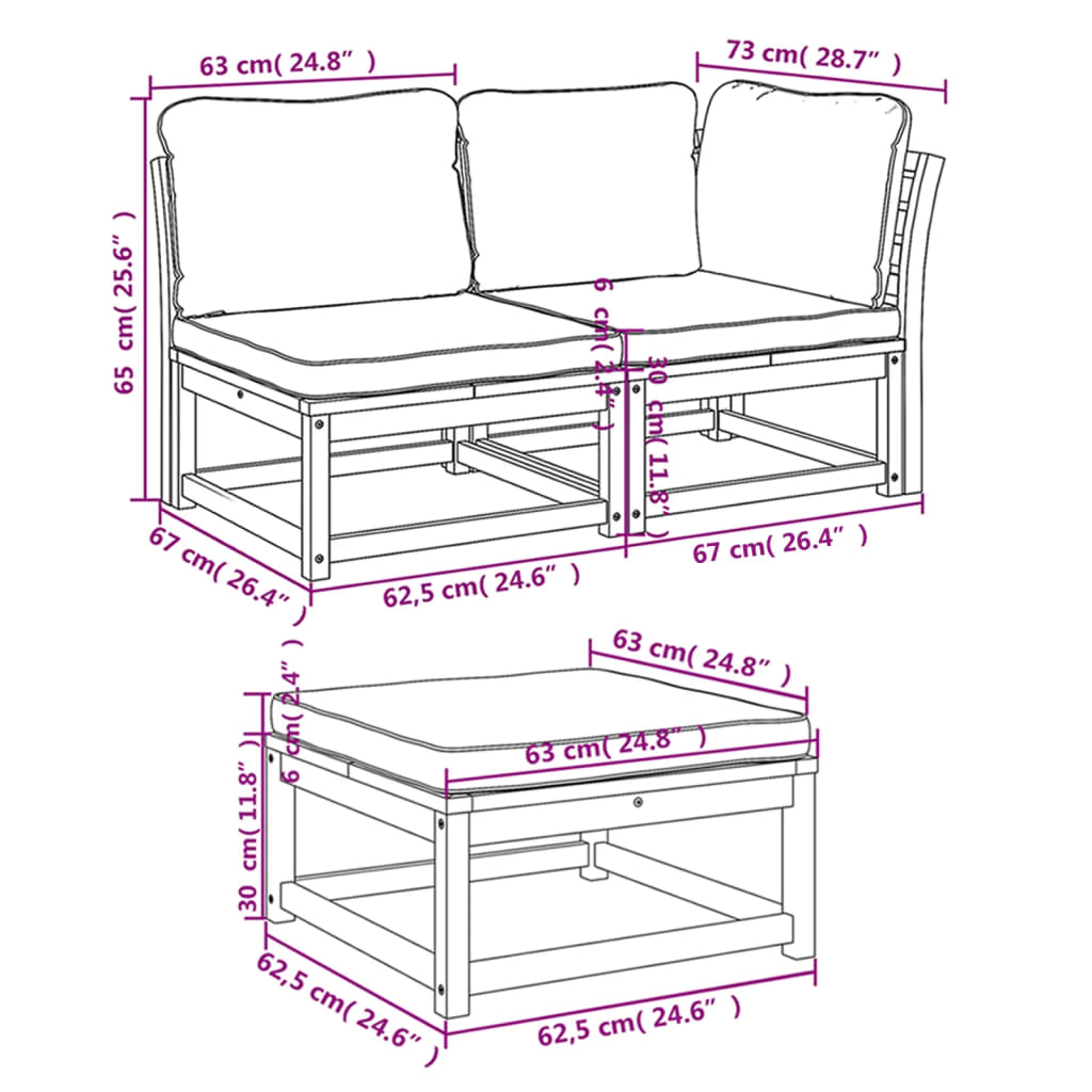 vidaXL Set de muebles para jardín 3 piezas con cojines madera acacia