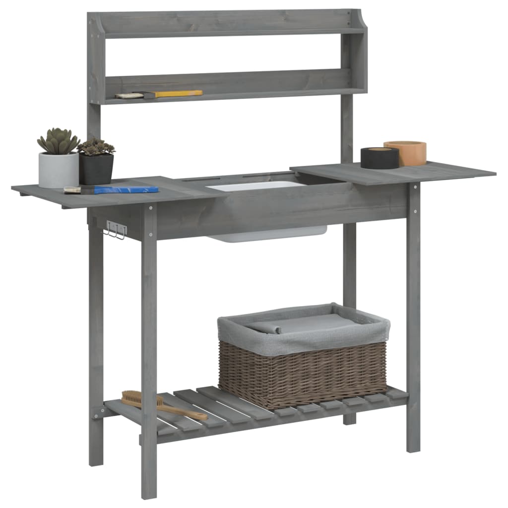 vidaXL Mesa para macetas con fregadero abeto gris 147,5x44x139,5 cm