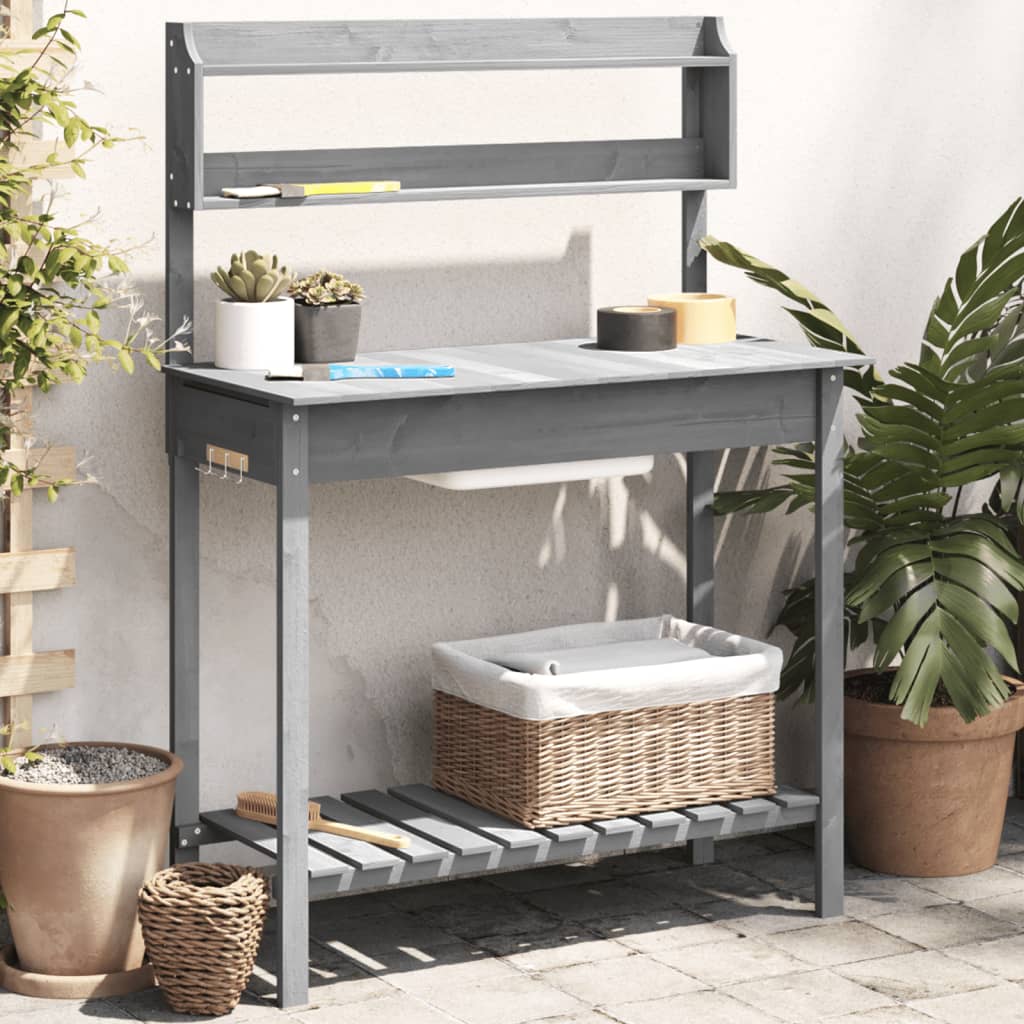 vidaXL Mesa para macetas con fregadero abeto gris 147,5x44x139,5 cm