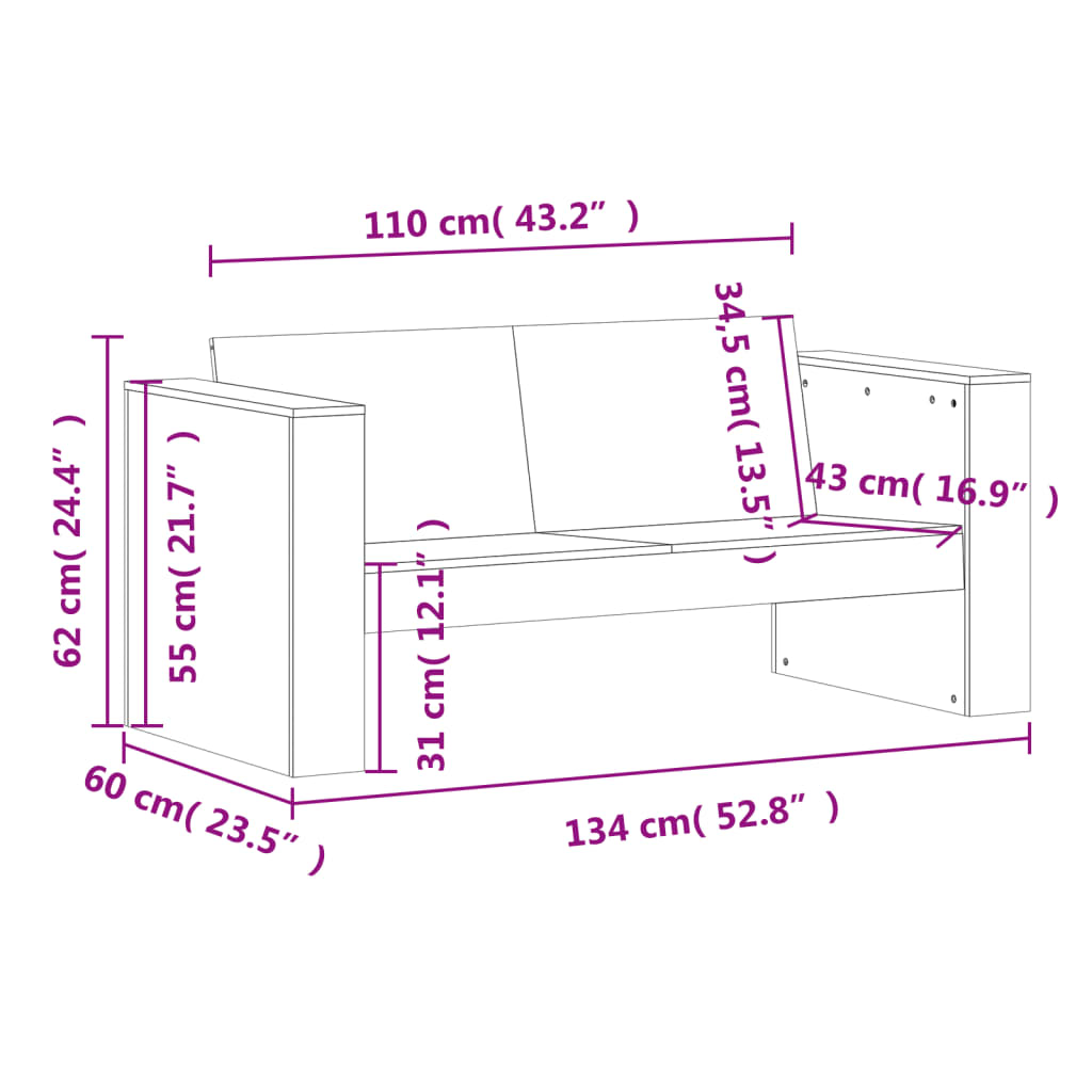 vidaXL Sofá de jardín de 2 plazas madera maciza de pino 134x60x62 cm