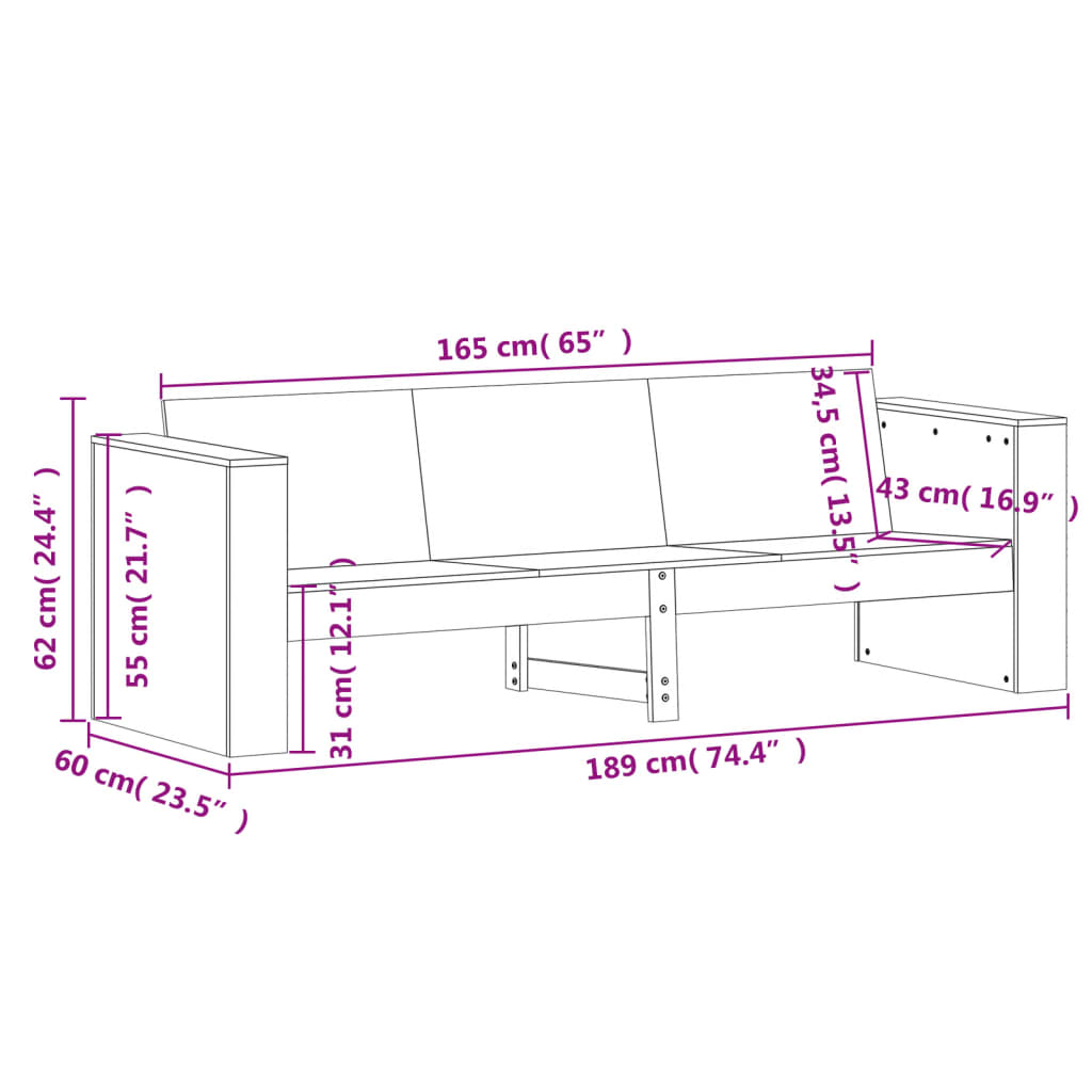 vidaXL Sofá de jardín de 3 plazas madera maciza de pino 189x60x62 cm