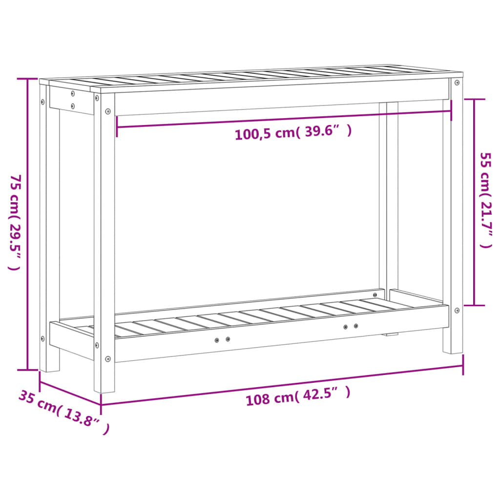 vidaXL Mesa de plantación con estante madera maciza pino 108x35x75 cm