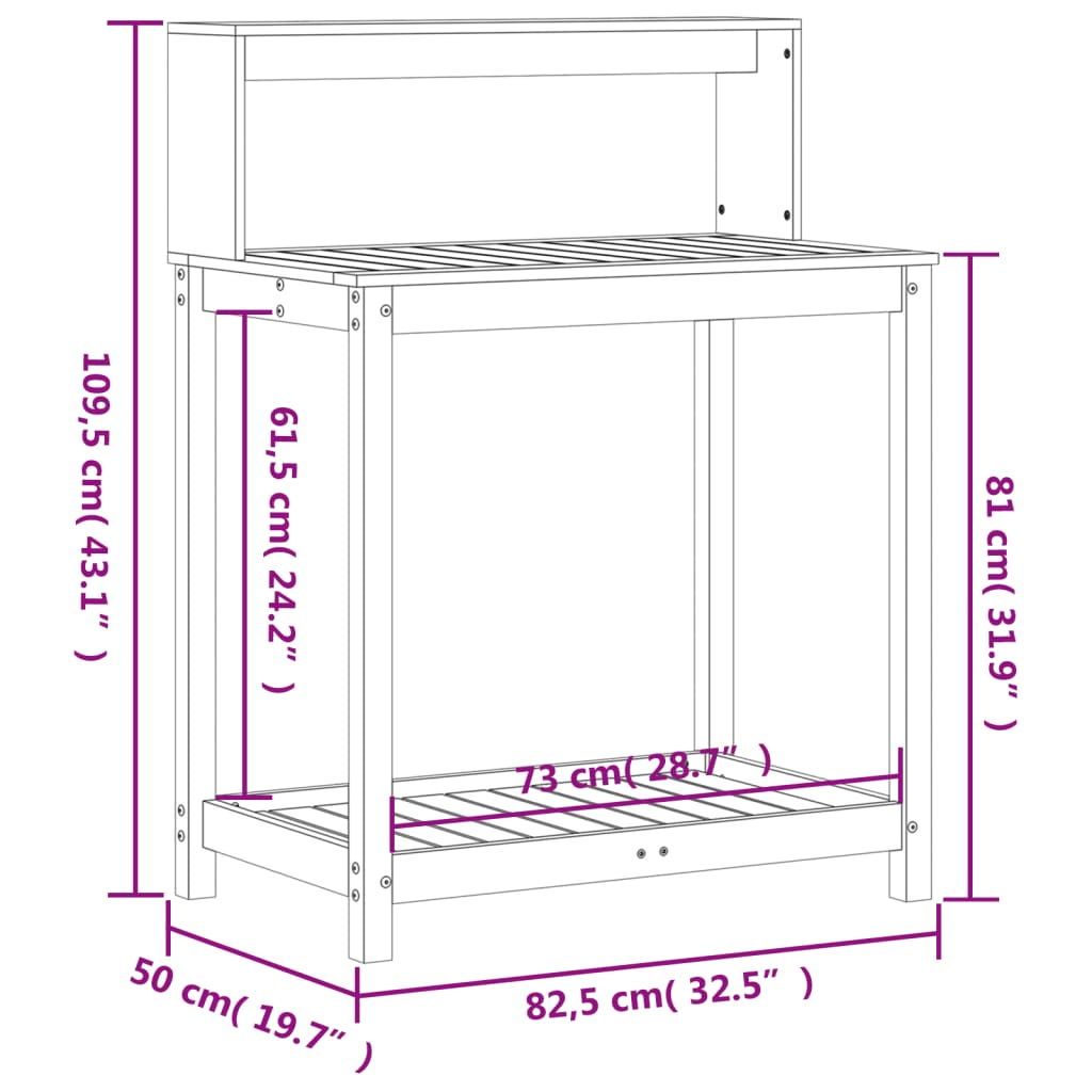 vidaXL Mesa de plantación con estantes madera pino 82,5x50x109,5 cm