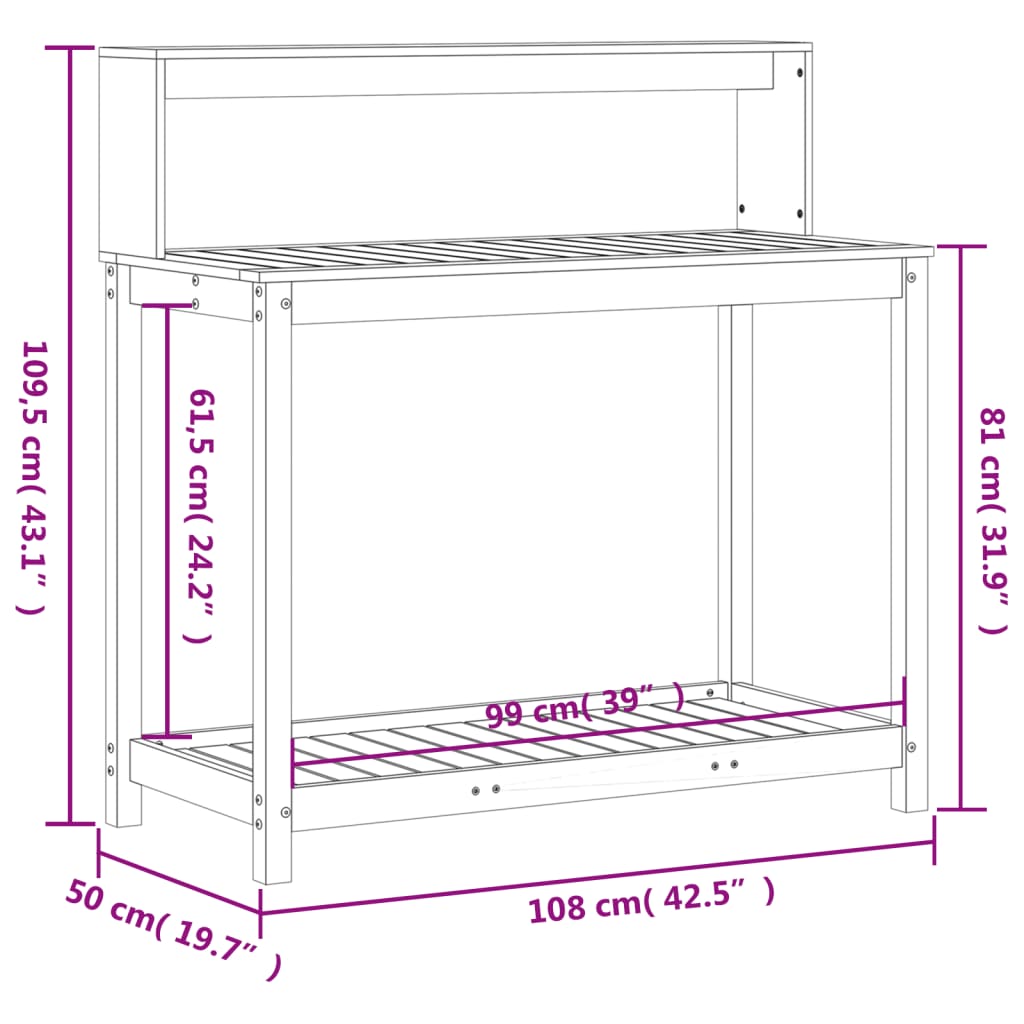 vidaXL Mesa de plantación con estantes madera pino 108x50x109,5 cm