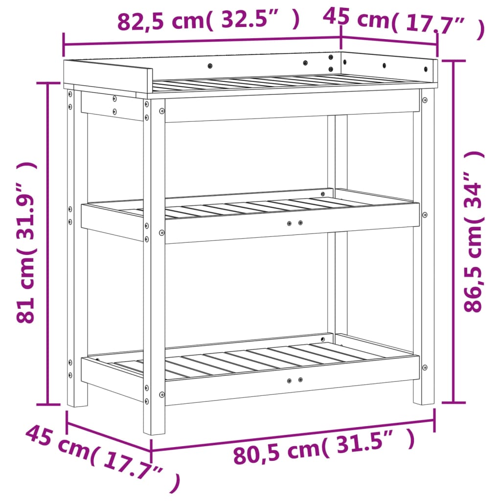 vidaXL Mesa de plantación con estantes madera pino 82,5x45x86,5 cm