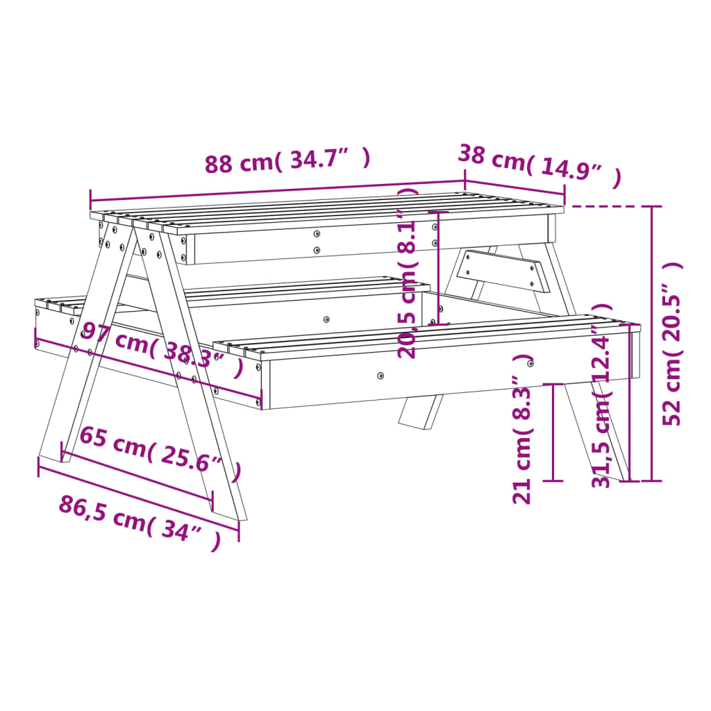 vidaXL Mesa de picnic para niños madera maciza de pino 88x97x52 cm