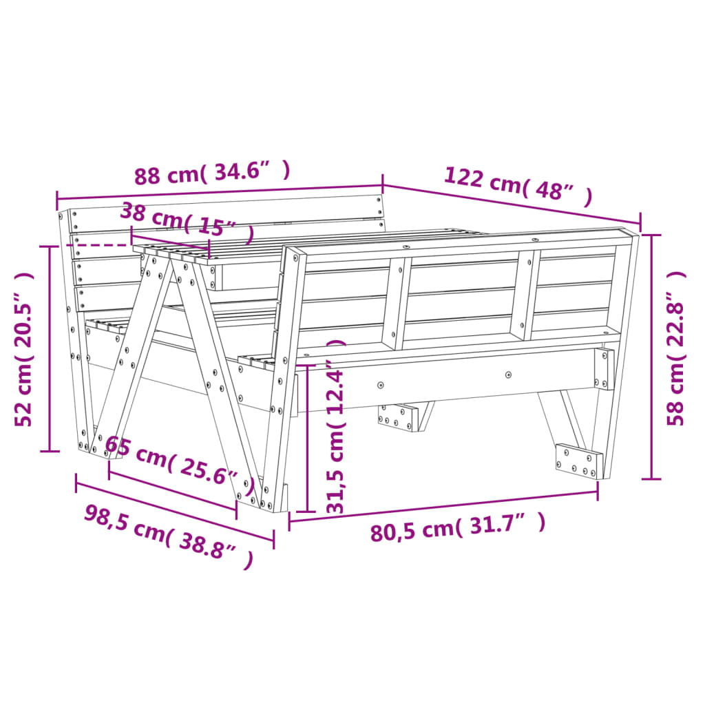 vidaXL Mesa de pícnic para niños madera maciza de pino 88x122x58 cm